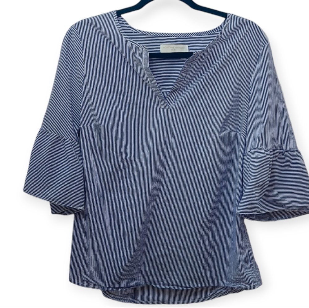 Adrienne Vittadeni Blouse Size Large Blue White Striped V Neck Ruffle Sleeve